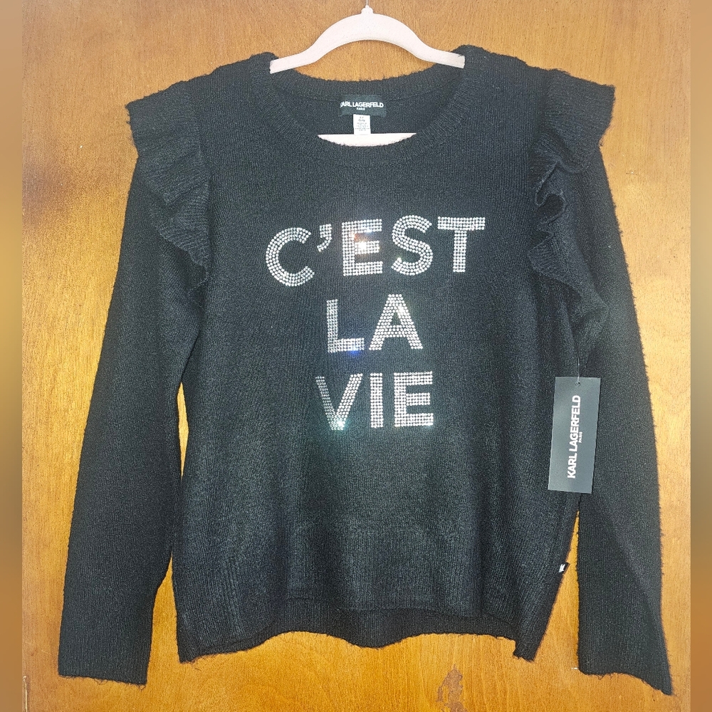 Karl Lagerfeld Black Sweater with C'est La Vie Design NWT